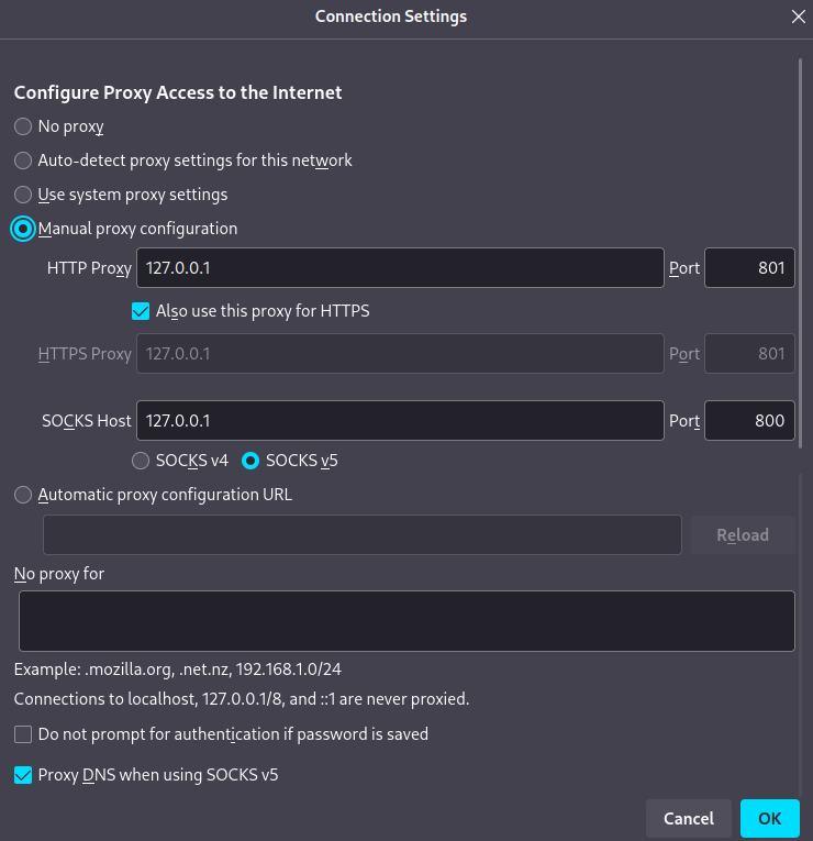 browser proxy: http/https proxy 127.0.0.1 at port 801, socks v5 host 127.0.0.1 at port 800