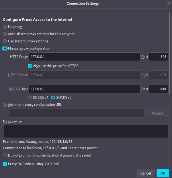 browser proxy: http/https proxy 127.0.0.1 at port 801, socks v5 host 127.0.0.1 at port 800