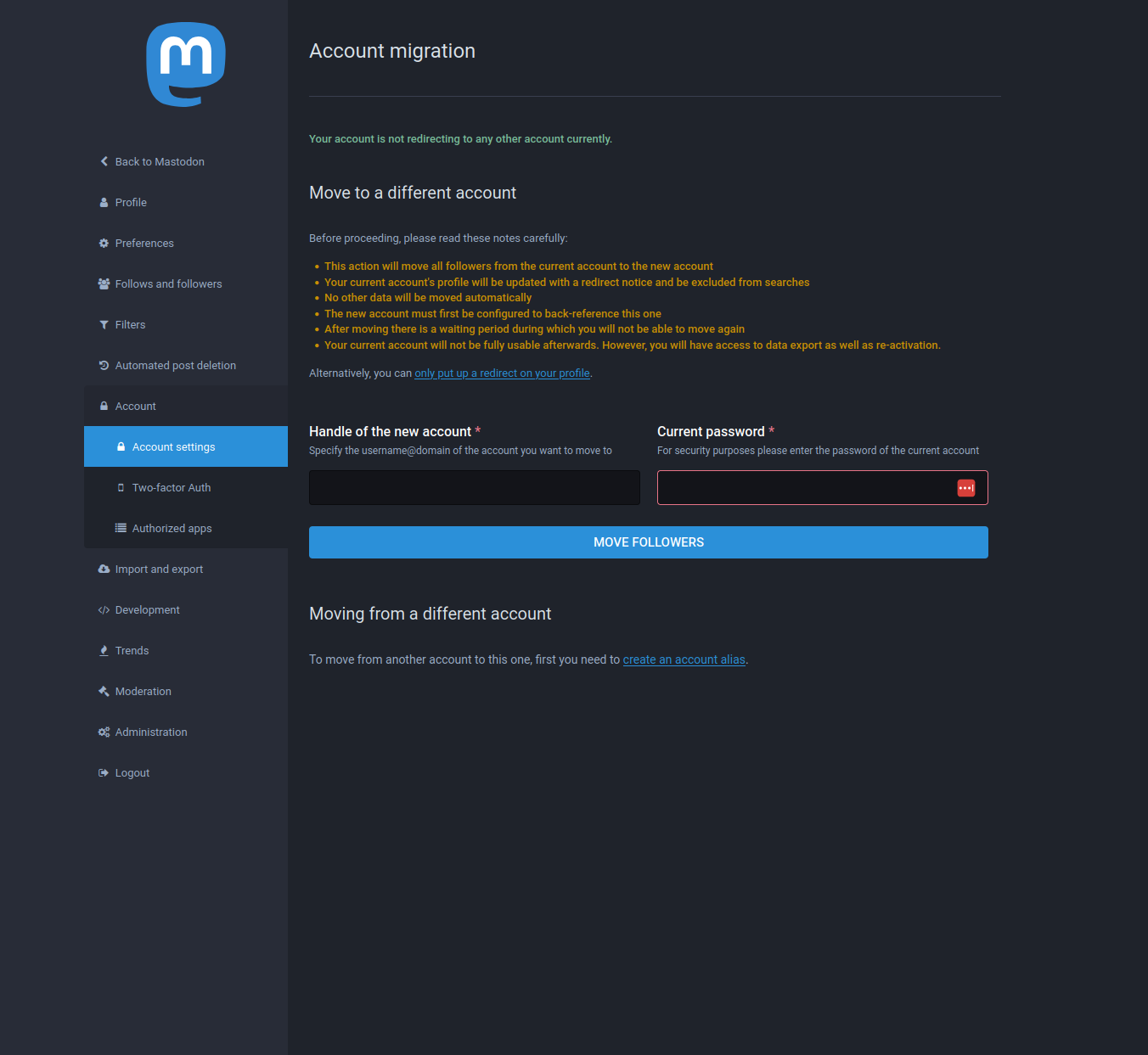 The Mastodon "Account migration" settings page.