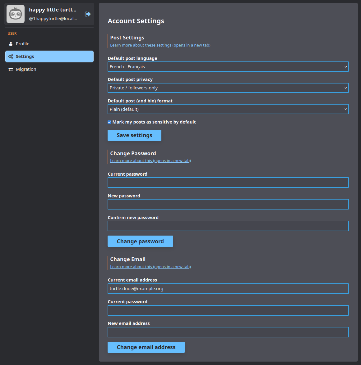 Screenshot of the settings section