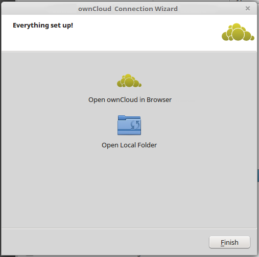 A successful server connection, showing a button to connect to your 
Web GUI, and one to open your local ownCloud folder