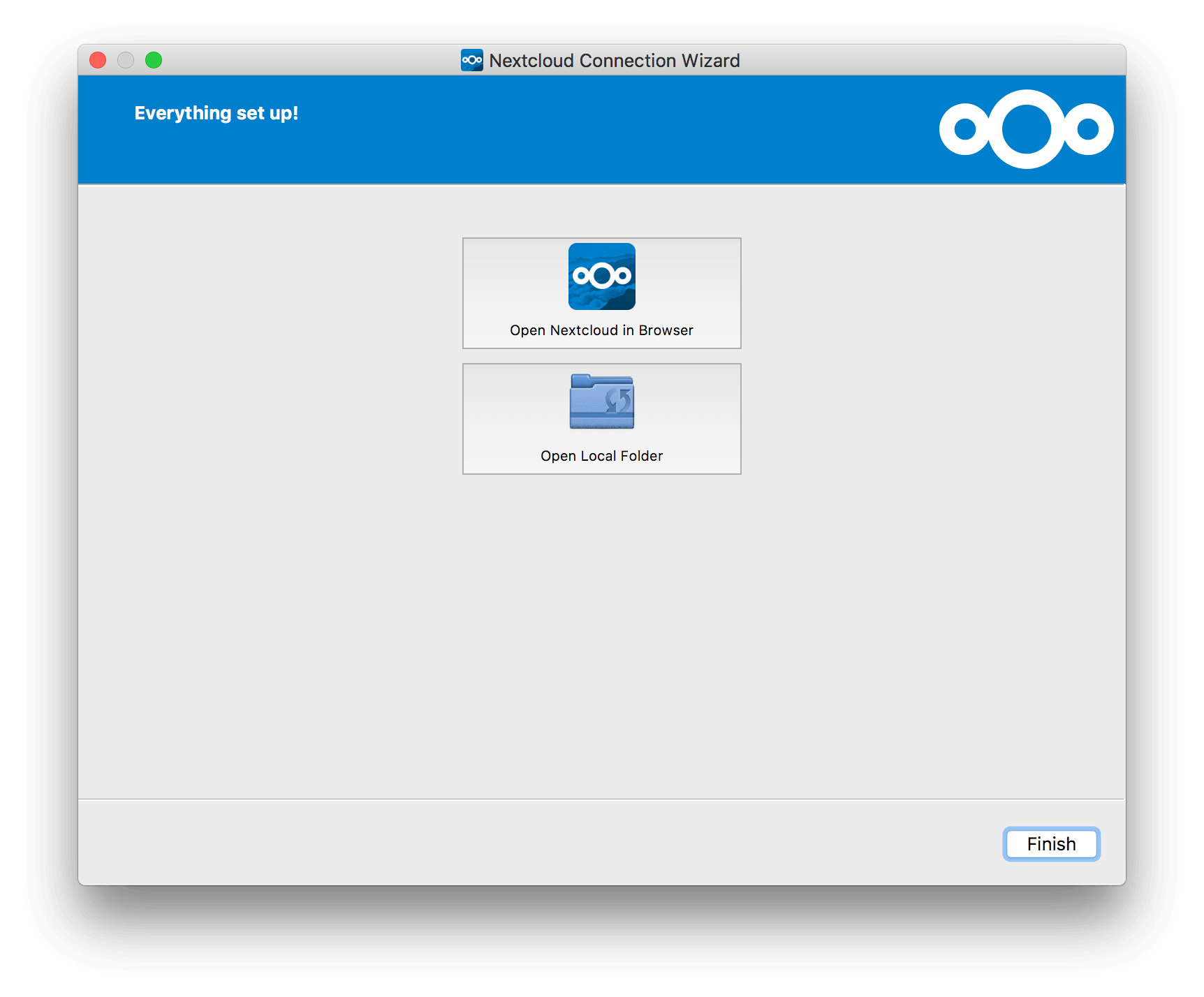 A successful server connection, showing a button to connect to your 
Web GUI, and one to open your local Nextcloud folder