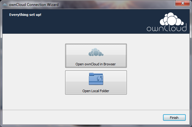 A successful server connection, showing a button to connect to your 
Web GUI, and one to open your local ownCloud folder